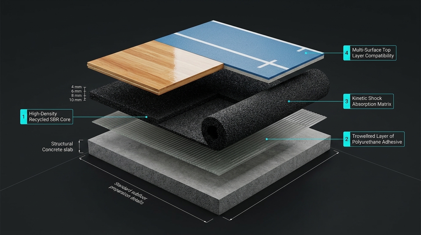 Exploded 3D architectural diagram of the multi-layer sports floor assembly — Zain Prime underlayment, subfloor, adhesive and the sports court finish
